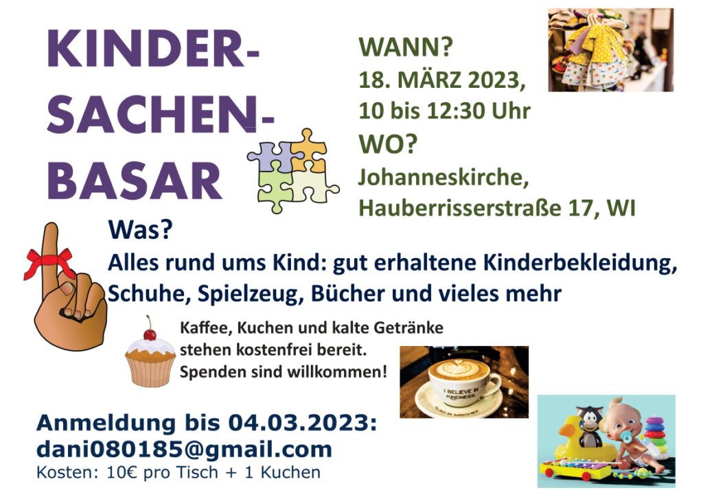 Plakat Kindersachenbasar am 18.03.2023 von 10:00 bis 12:30 Uhr