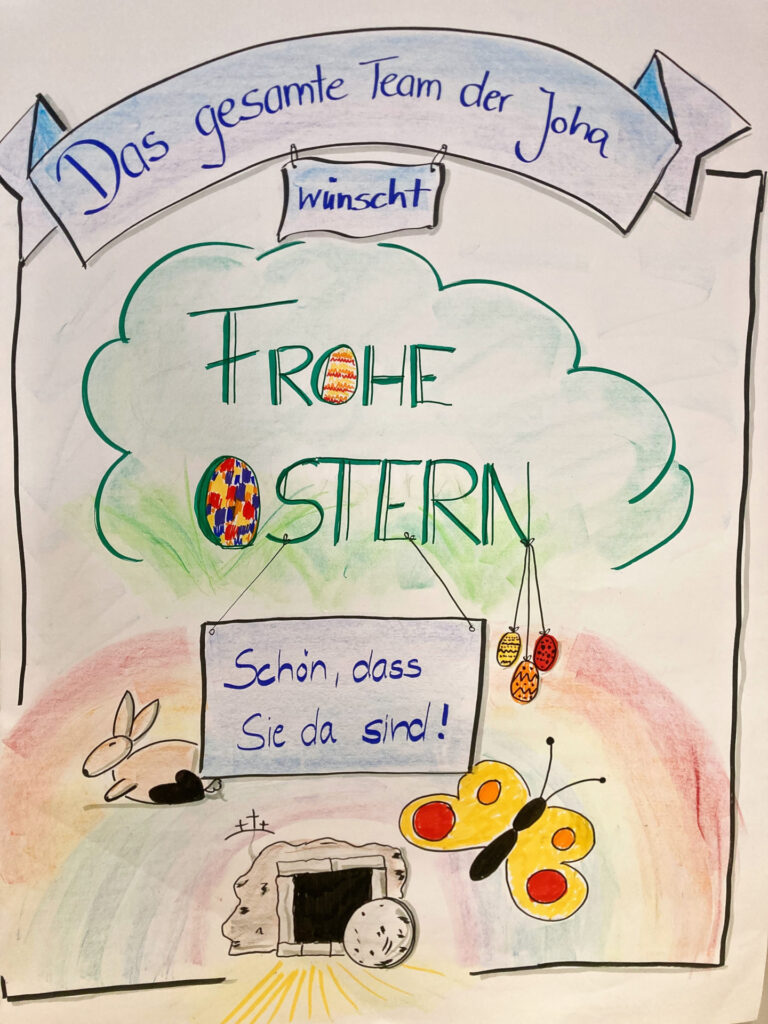 Plakat mit Ostergruß beim Ostergottesdienst 2023 in der Ev. Johanneskirchengemeinde Wiesbaden