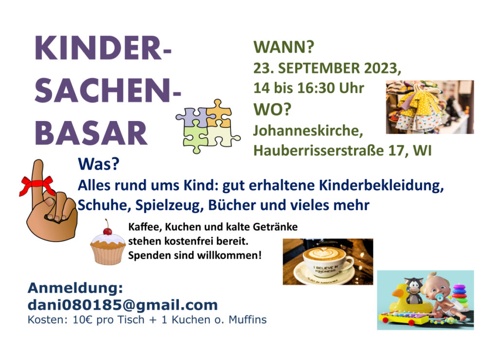 Plakat Kindersachenbasar am 23.09.2023 von 14:00 bis 16:30 Uhr in der Ev. Johanneskirche Wiesbaden